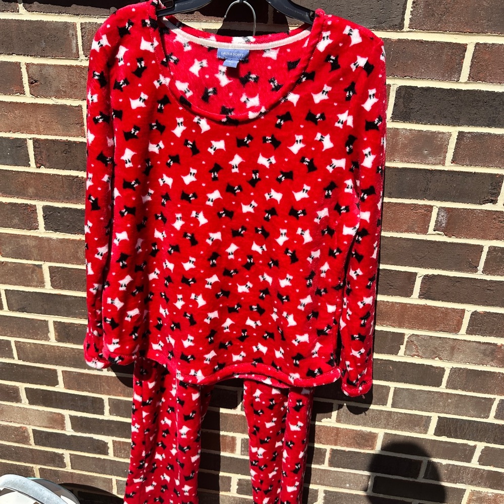 Laura Scott Red Fleece Pajama Set with Black and White Scotty Dog Pattern